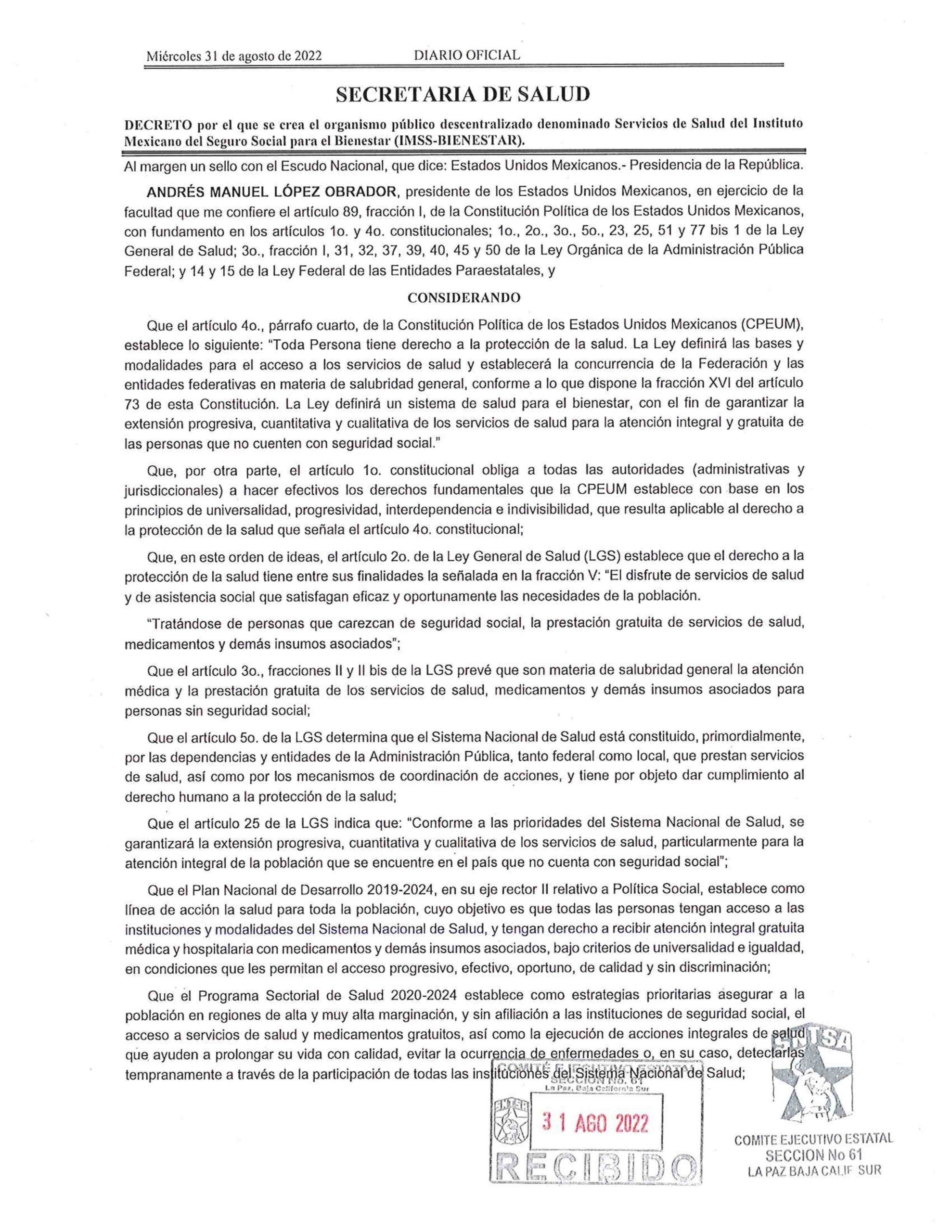 Decreto por el que se crea el Organismo Público Descentralizado denominado Servicios de Salud del Instituto Mexicano del Seguro Social para el Bienestar (IMSS – BIENESTAR).
