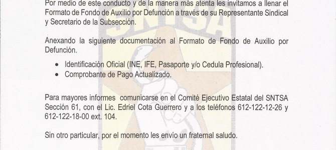 Circular Informativa Fondo por Auxilio por Defunción