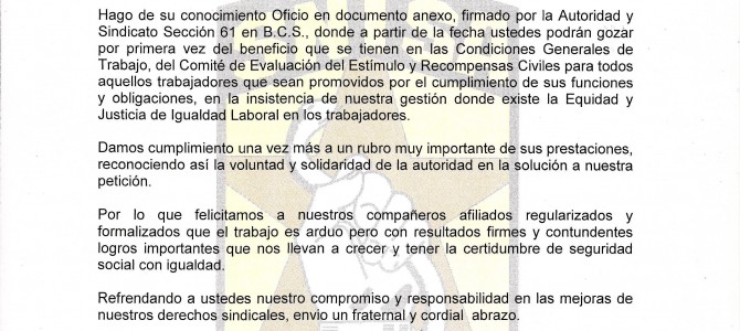 Circular Informativa para el Personal Regularizado y Formalizados (Estímulos)