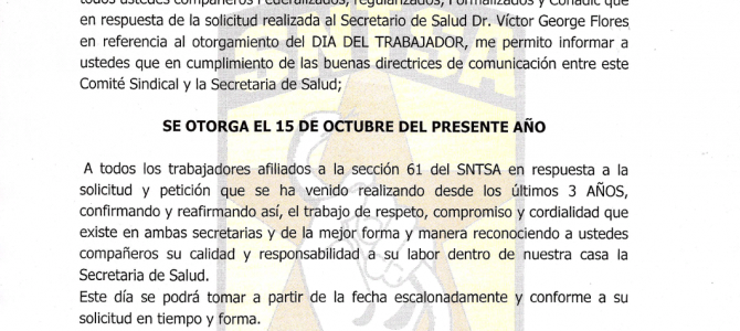 Circular Informativa del Día del Trabajador de la SSA-BCS Circular Informativa del Día del Trabajador de la SSA-BCS