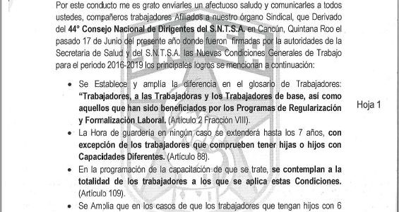 Circular Informativa de la Nuevas Condiciones Generales de Trabajo