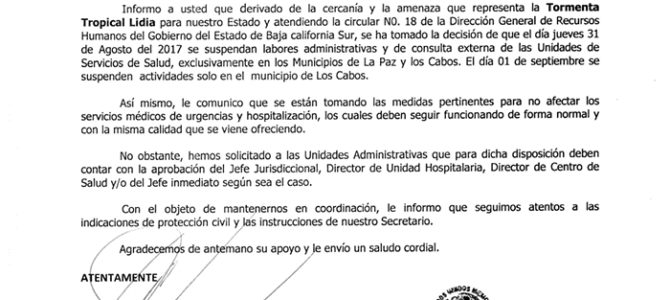 Circular Informativa derivado por la Tormenta Tropical Lidia