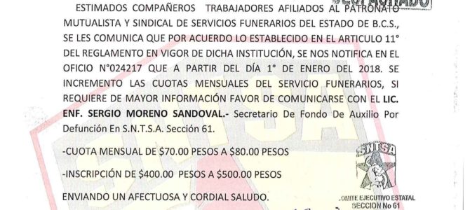 Incremento cuotas mensuales de Servicios Funerarios.