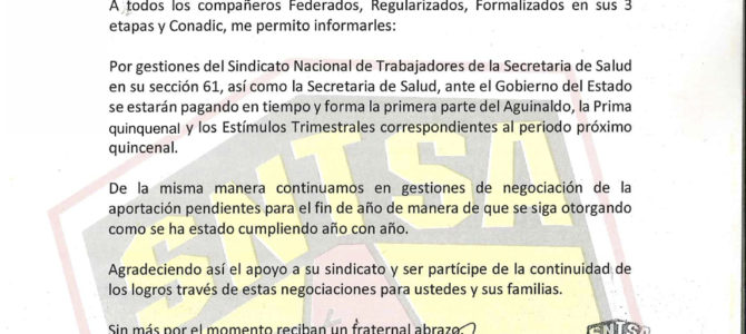 Comunicado de pagos (Aguinaldo, Prima Vacacional y Estímulos Trimestrales).