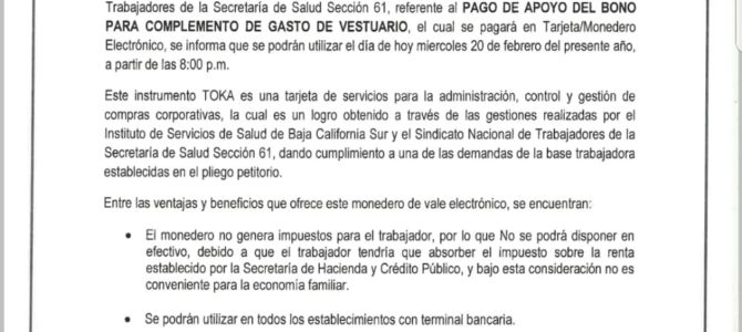 Pago de apoyo del bono para complemento de gasto de Vestuario.