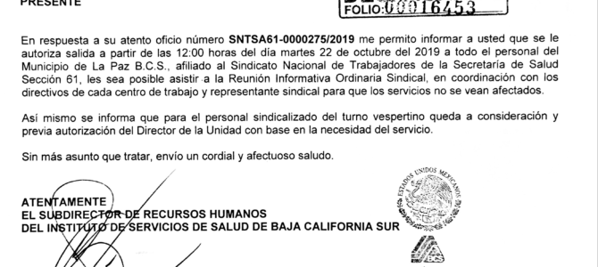 Facilidad Administrativa para Reunión Ordinaria Informativa SNTSA Sección 61 Facilidad Administrativa para Reunión Ordinaria Informativa SNTSA Sección 61