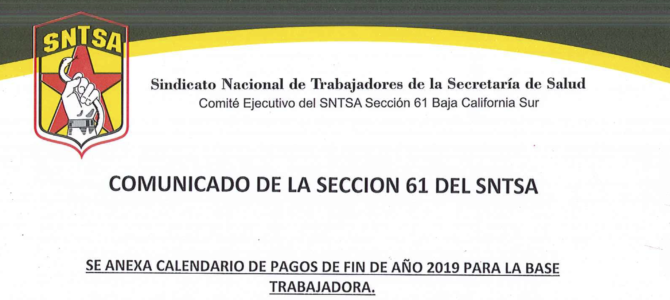 Calendario de Pagos de Fin de Año 2019 para la Base Trabajadora