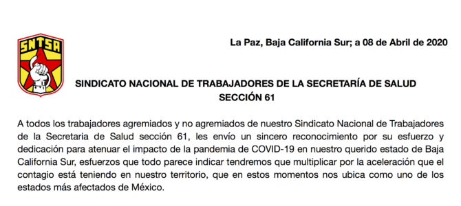 Mensaje para trabajadores de la Secretaría de Salud (Contingencia COVID-19)