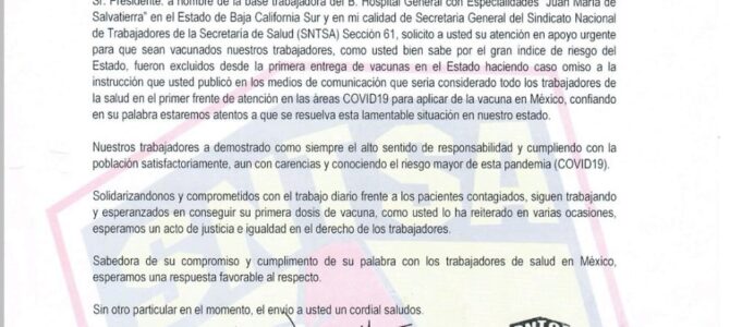 Solicitud Urgente de Vacunación Contra COVID-19 para el Personal del Benemérito Hospital General con Especialidades «Juan María de Salvatierra» Solicitud Urgente de Vacunación Contra COVID-19 para el Personal del Benemérito Hospital General con Especialidades «Juan María de Salvatierra»