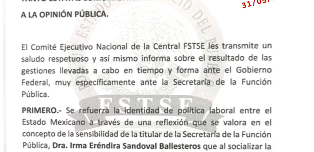 Comunicado FSTSE a Trabajadores Sindicalizados al Servicio del Estado Comunicado FSTSE a Trabajadores Sindicalizados al Servicio del Estado