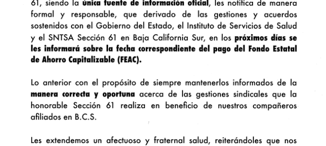 Comunicado Fondo Estatal de Ahorro Capitalizable (FEAC)