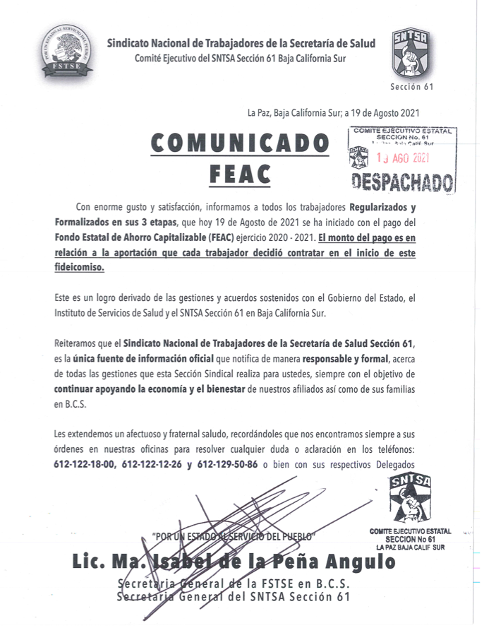 Comunicado Pago «Fondo Estatal de Ahorro Capitalizable» (FEAC) 2020 – 2021