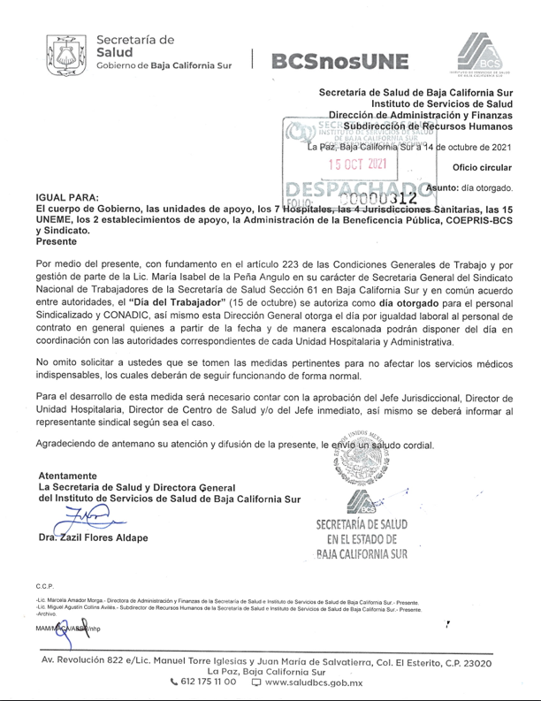 Oficio Día Otorgado por el «Día del Trabajador de la Secretaría de Salud»