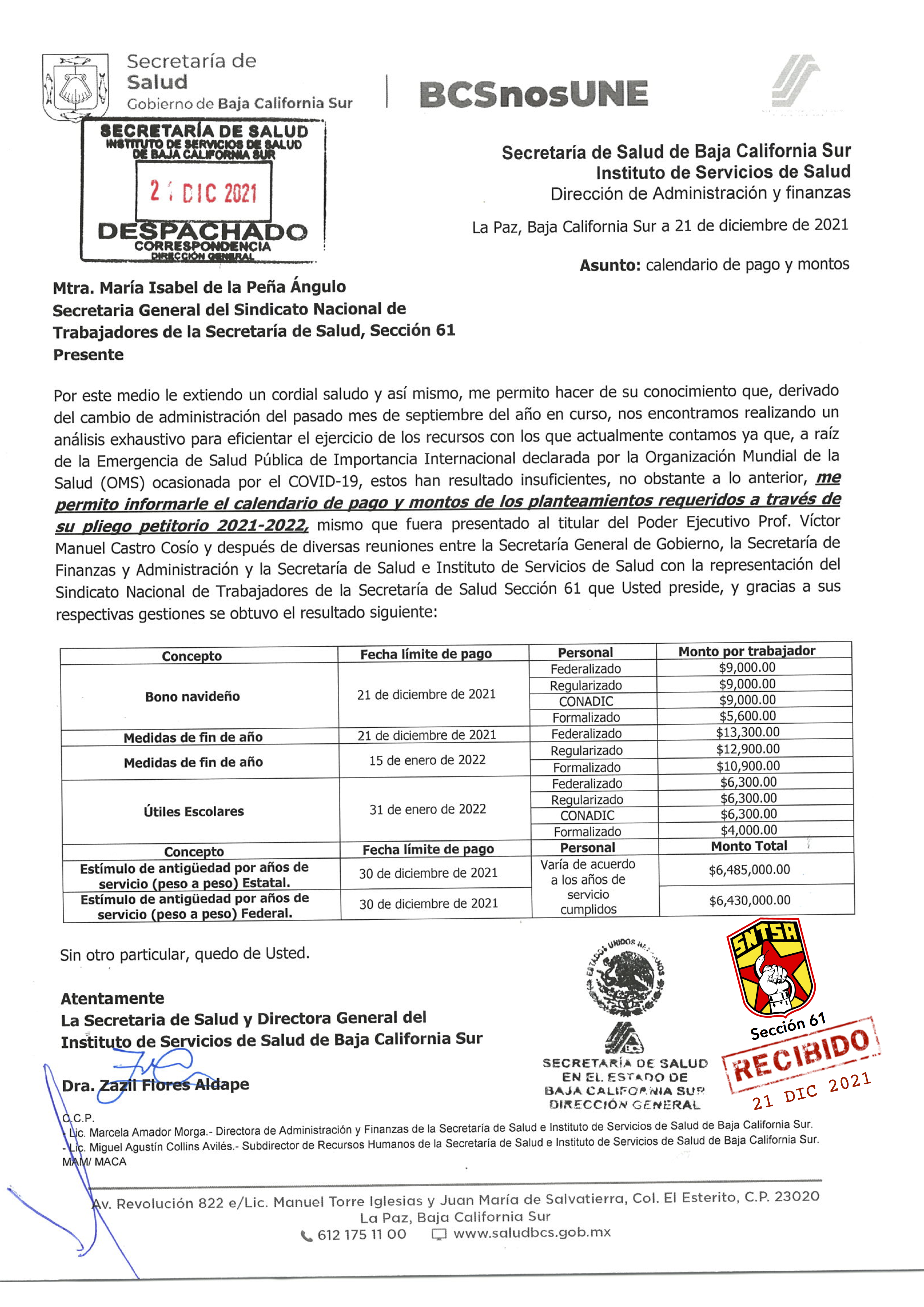 Calendario de Pagos y Montos Pliego Petitorio 2021-2022