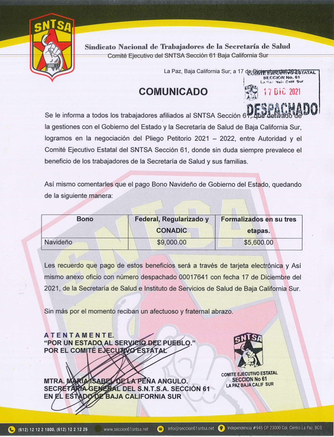 Logro Pliego Petitorio 2021-2022 SNTSA Sección 61