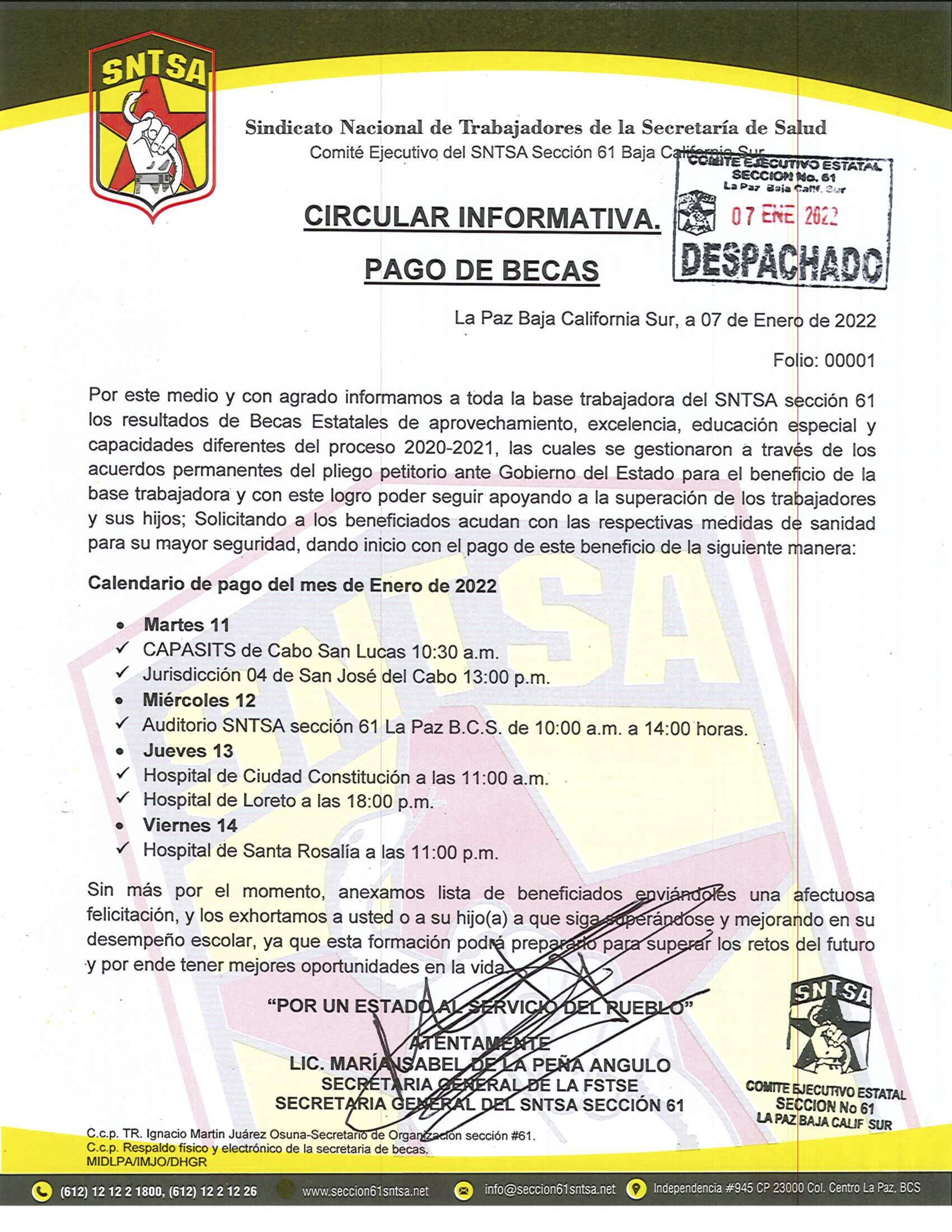 Circular Informativa «Pago de Becas Estatales 2020-2021»