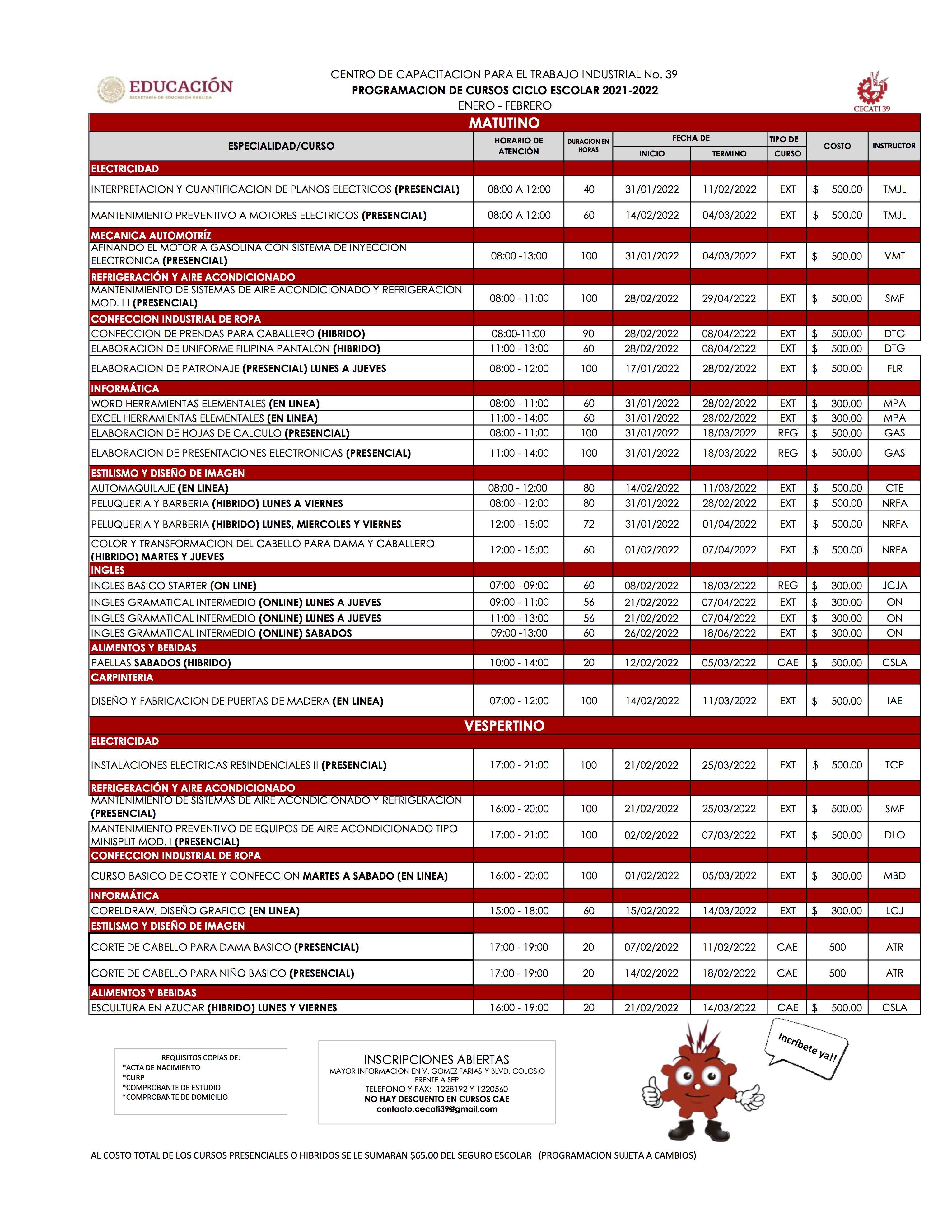 Programación de Cursos Ciclo Escolar 2021-2022 (CECATI)