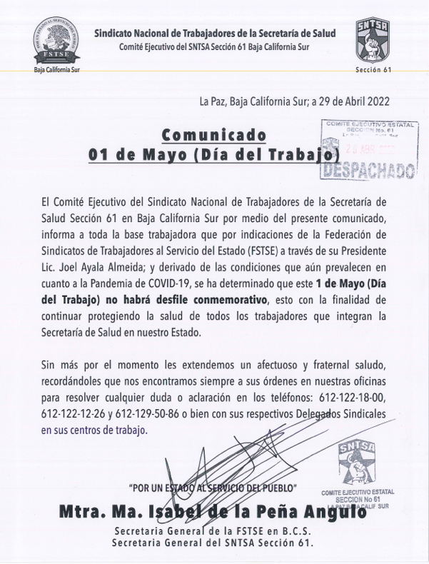 Comunicado «01 de Mayo (Día del Trabajo)»