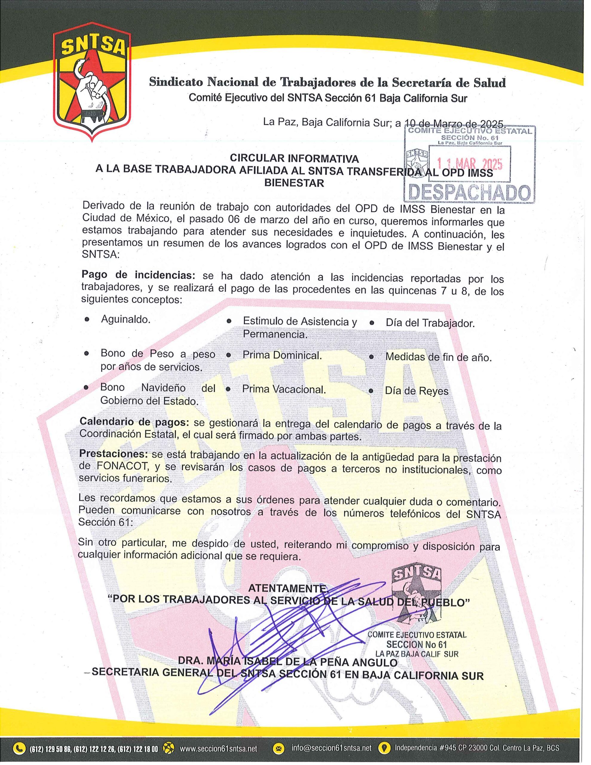 CIRCULAR INFORMATIVA A LA BASE TRABAJADORA AFILIADA AL SNTSA TRANSFERIDA A OPD IMSS BIENESTAR CIRCULAR INFORMATIVA A LA BASE TRABAJADORA AFILIADA AL SNTSA TRANSFERIDA A OPD IMSS BIENESTAR