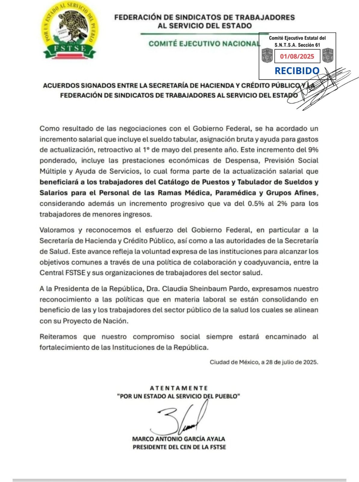Comunicado de la FSTSE sobre el incremento salarial 2025