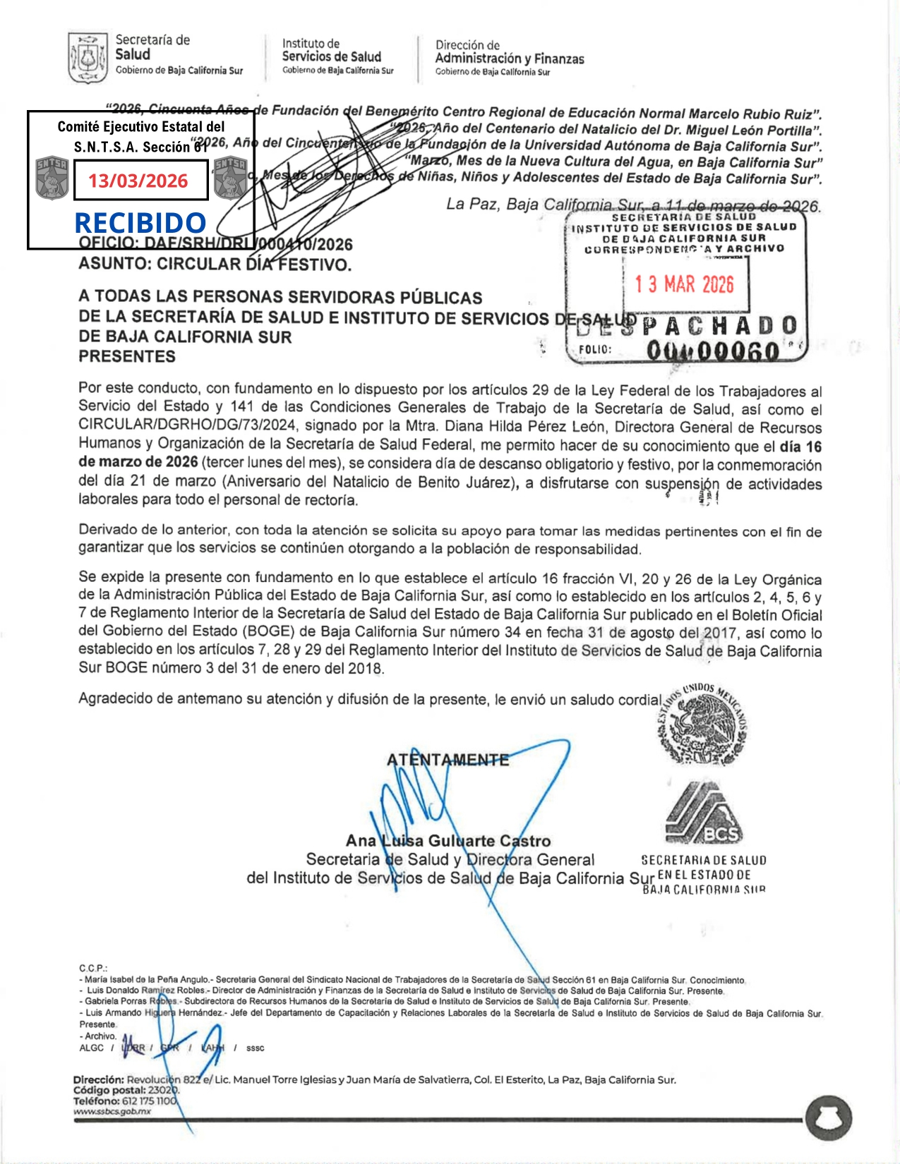 AVISO IMPORTANTE: Suspensión de Labores por Día Festivo