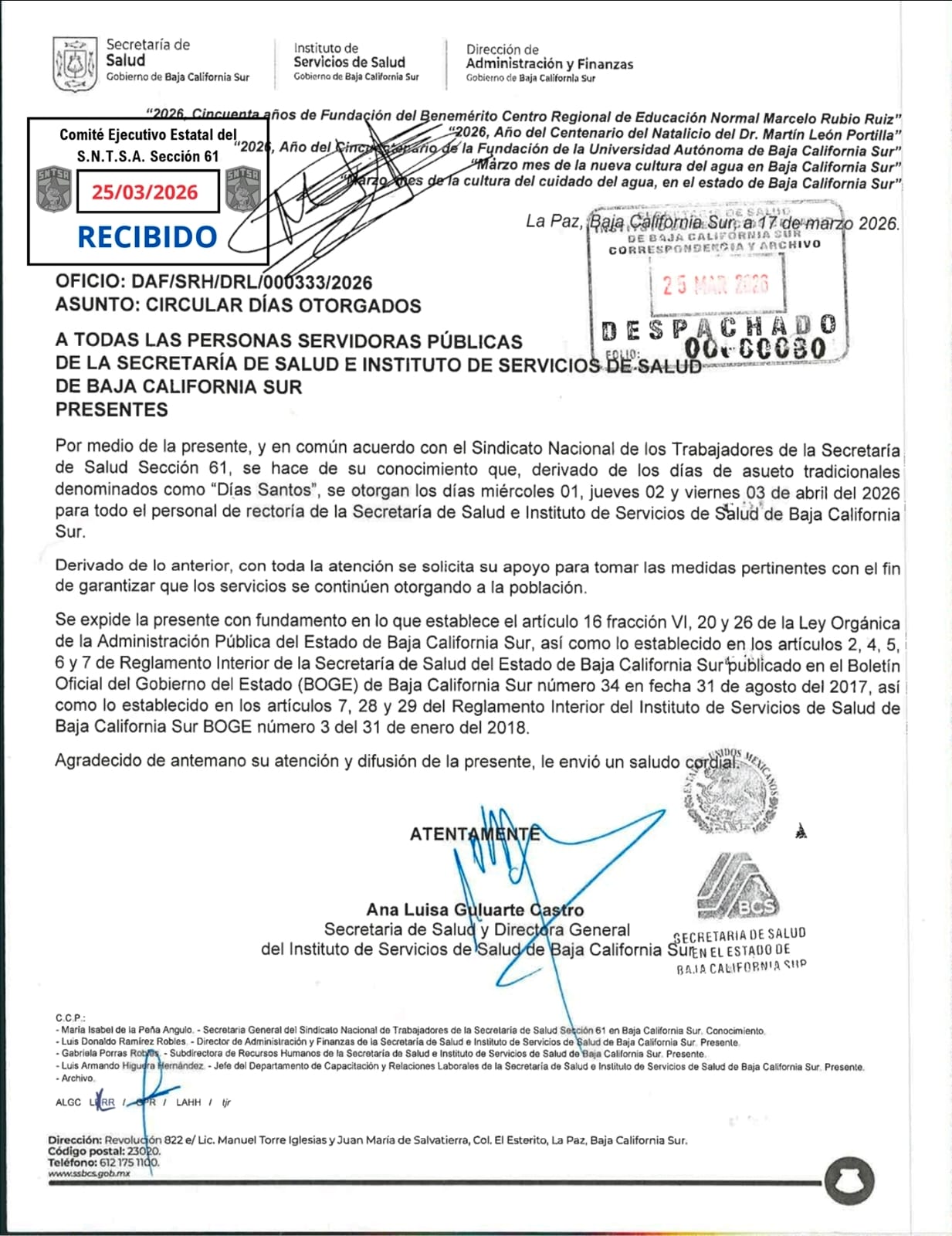 Días de asueto otorgados por días Santos para personal de Rectoría de la Secretaría de Salud.