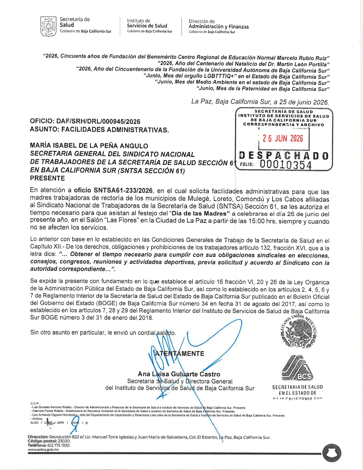 Facilidades Administrativas para personal de Rectoría para festejo de Día de las Madres de los Municipios de Los Cabos, Comondú y Loreto B.C.S.