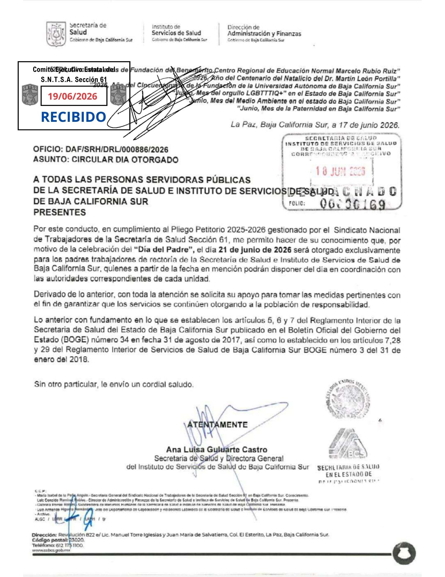 Oficio personal Rectoría día Otorgado Día del Padre