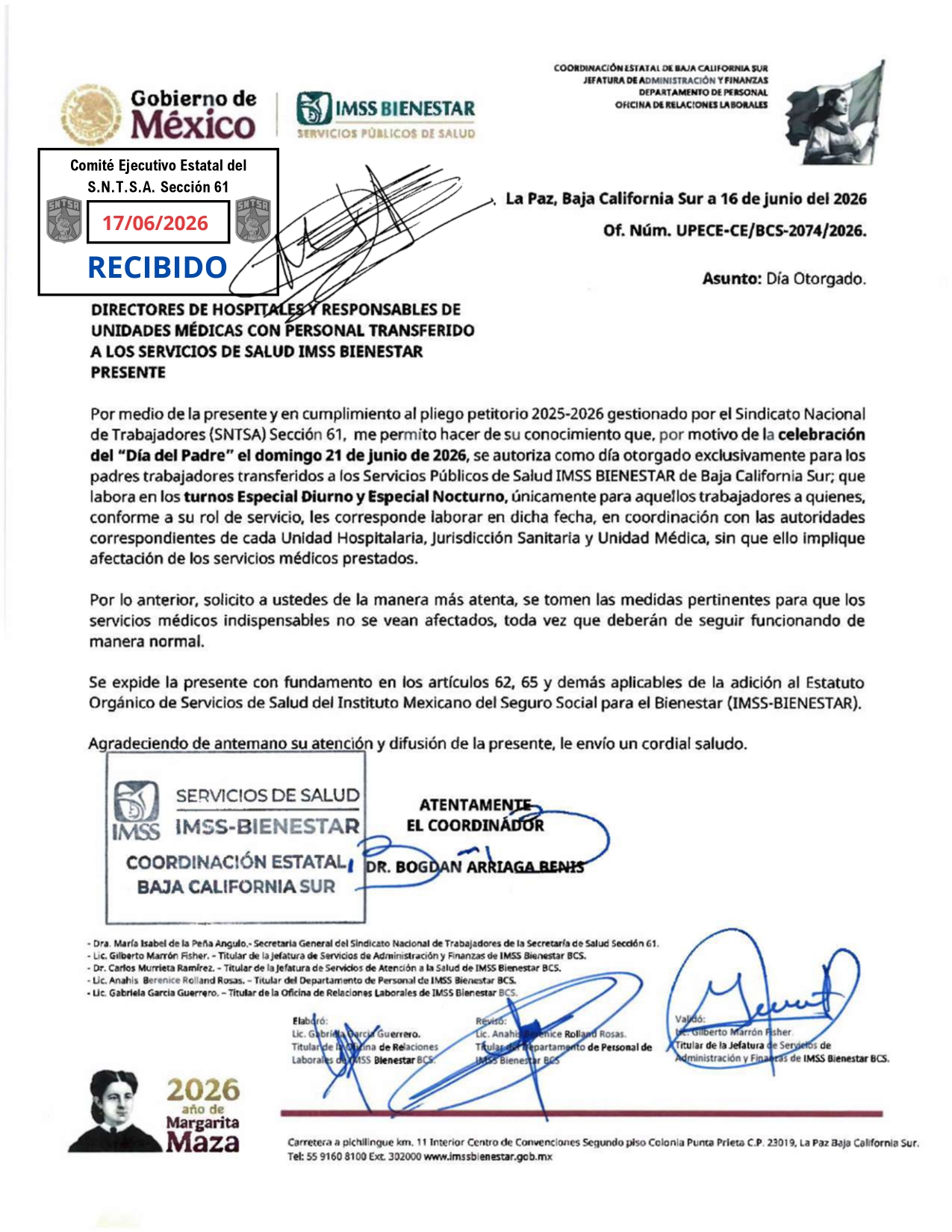 Oficio para personal Transferido IMSS Bienestar Día del Padre