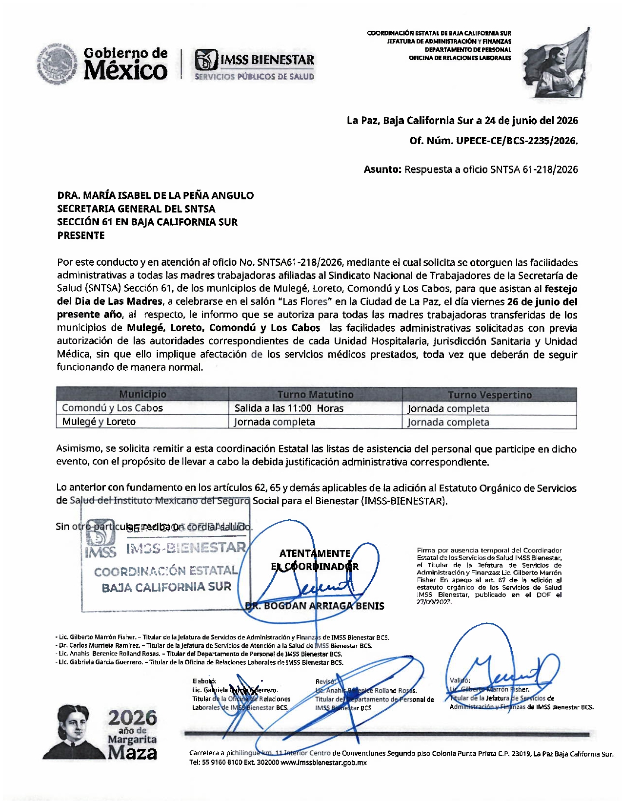 Facilidades Administrativas para personal Transferido IMSS Bienestar para festejo de Día de las Madres de los Municipios de La Paz, Los Cabos, Comondú y Loreto B.C.S.